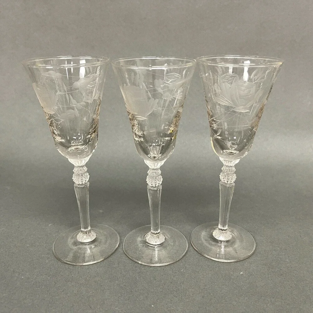 Vintage Wine Glasses‎ Clear Glass Etched Roses Flowers Floral 5 3/8